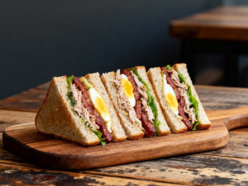 Clubsandwiches met tonijn, chorizo en ei