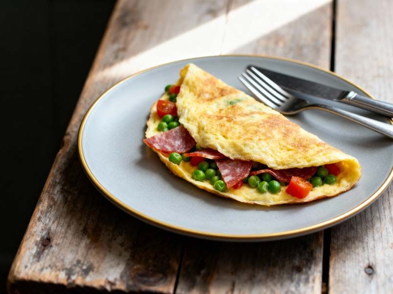 Gevulde Omelet met erwtjes, tomaten en salami