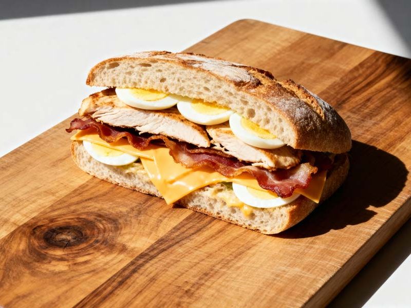 Broodje met kip, bacon, kaas en ei