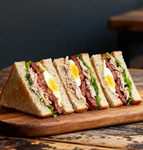 Clubsandwiches met tonijn, chorizo en ei