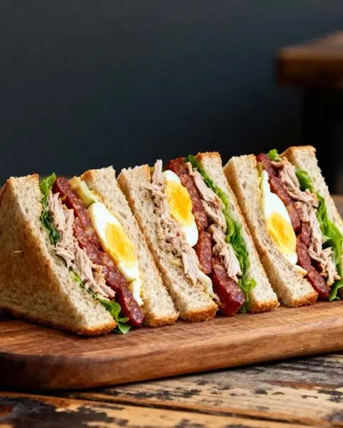 Clubsandwiches met tonijn, chorizo en ei