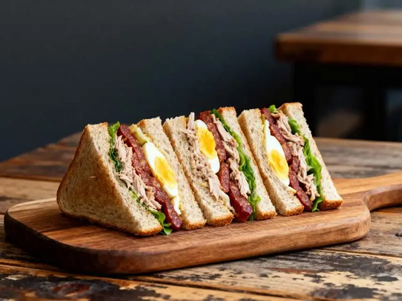 Clubsandwiches met tonijn, chorizo en ei