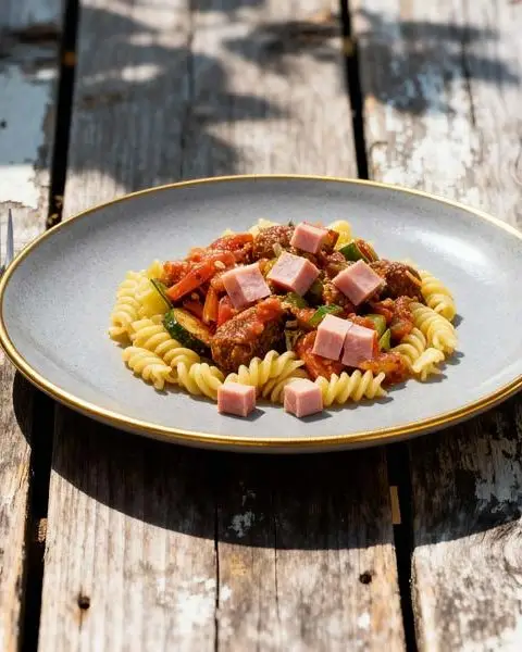 Fusilli met groentesaus en ham