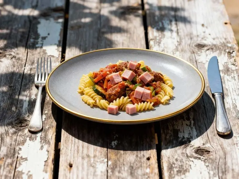 Fusilli met groentesaus en ham