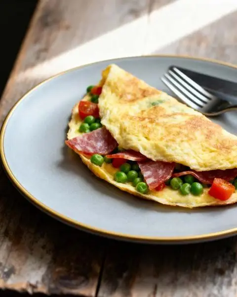 Gevulde Omelet met erwtjes, tomaten en salami