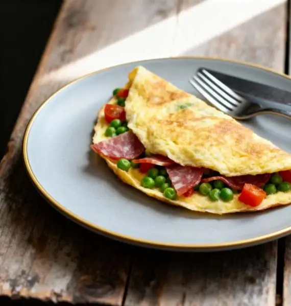 Gevulde Omelet met erwtjes, tomaten en salami
