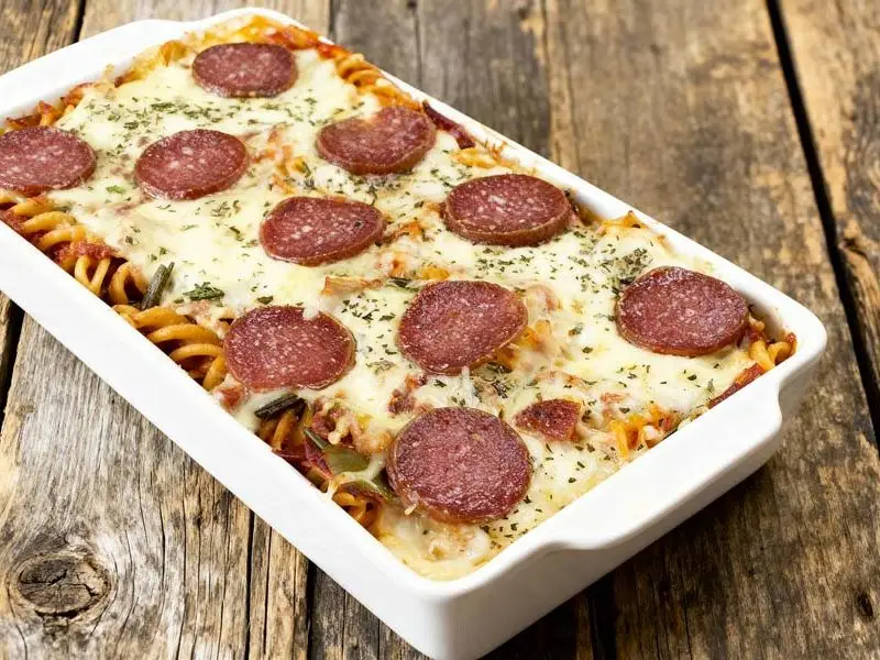 Pasta ovenschotel met groenten en salami