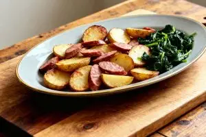 Gebakken aardappel met worst en spinazie schotel