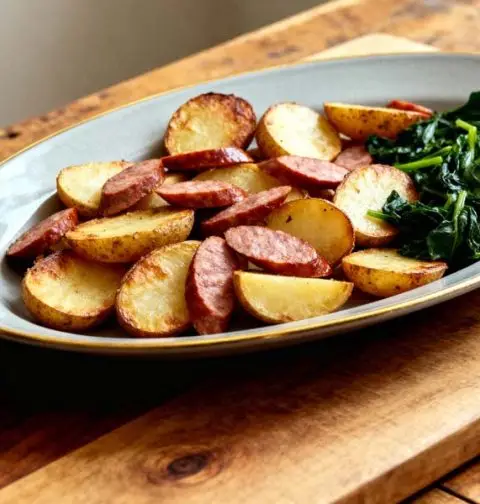 Gebakken aardappel met worst en spinazie schotel