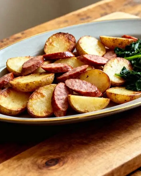 Gebakken aardappel met worst en spinazie schotel