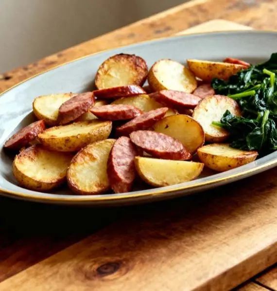 Gebakken aardappel met worst en spinazie schotel