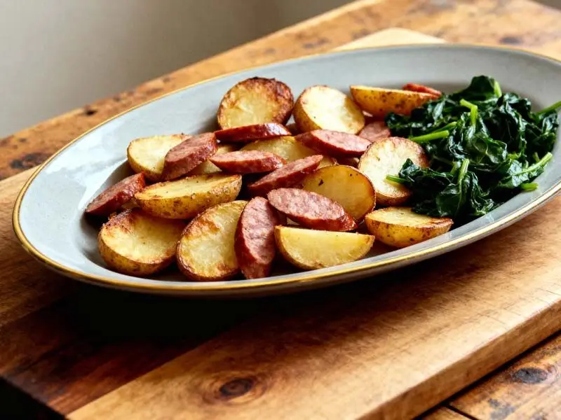 Gebakken aardappel met worst en spinazie schotel