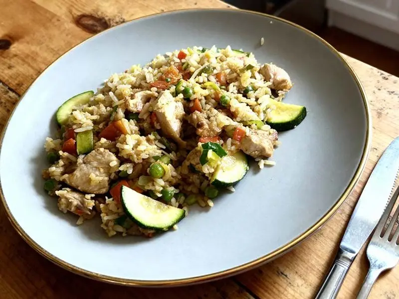 Gebakken rijst met kip en courgette