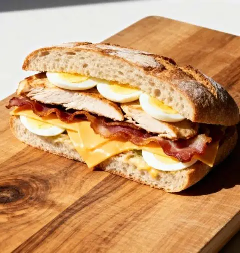 Broodje met kip, bacon, kaas en ei