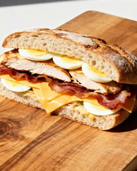 Broodje met kip, bacon, kaas en ei