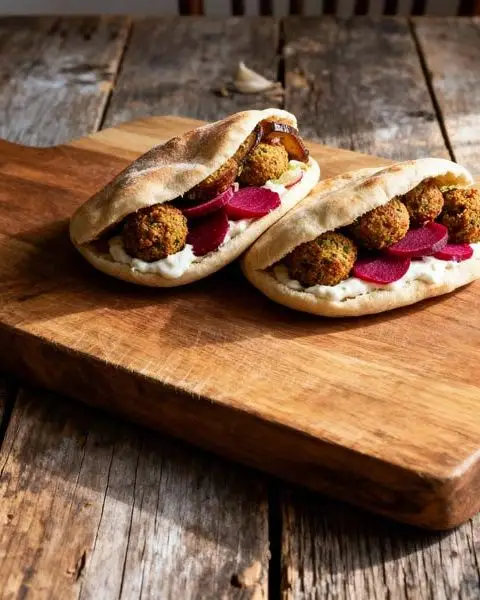 Pita met falafel, knoflooksaus en zoetzure bieten