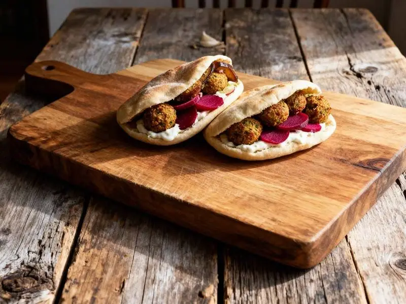 Pita met falafel, knoflooksaus en zoetzure bieten